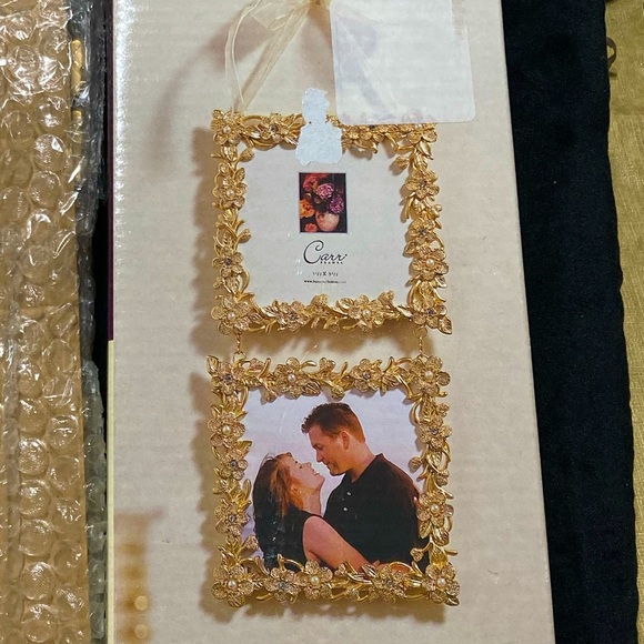 Golden Floral Double square picture frame 3.5" pearl rhinestone trim NEW IN BOX - Picture 1 of 6